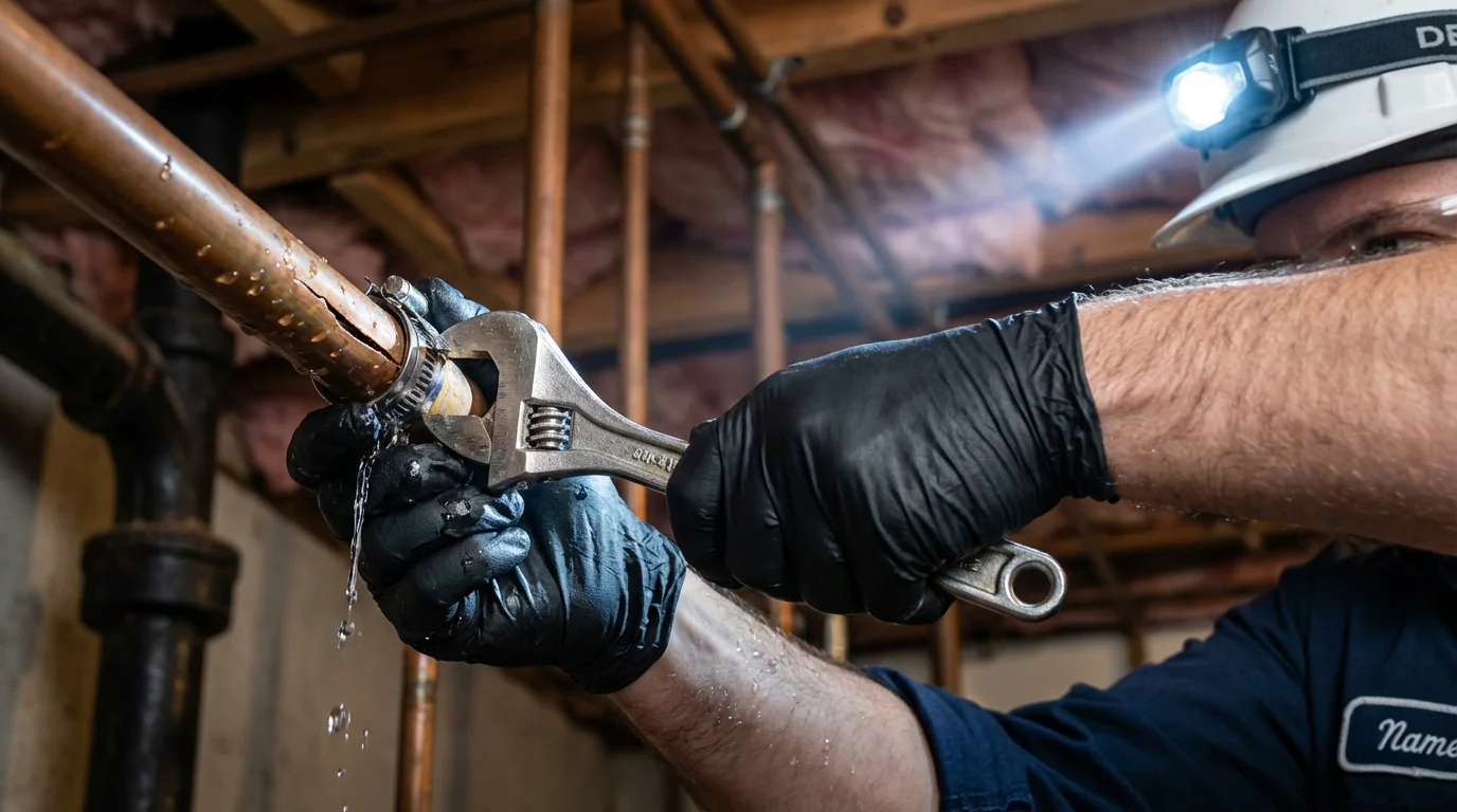 Emergency pipe clamp repair being performed by a Johns Plumbing LLC plumber in Adamsville