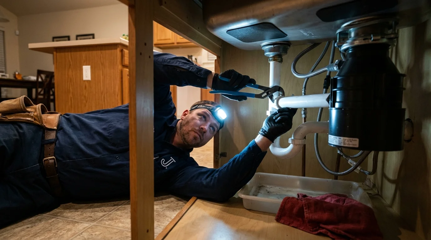 P-trap and supply line connections under a kitchen sink showing a common leak point in Adamsville, TN